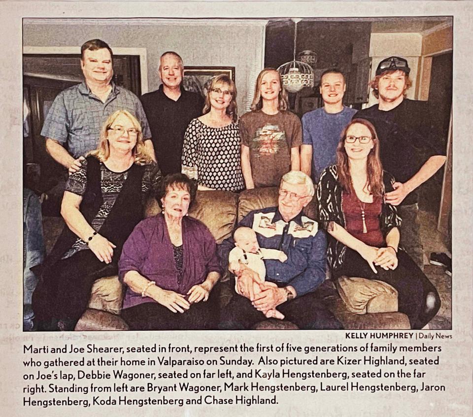 A Daily News photo from October 2015 shows Valparaiso residents Marti and Joe Shearer with five generations of family members. The couple will celebrate their 70th wedding anniversary Dec. 4 in Niceville.