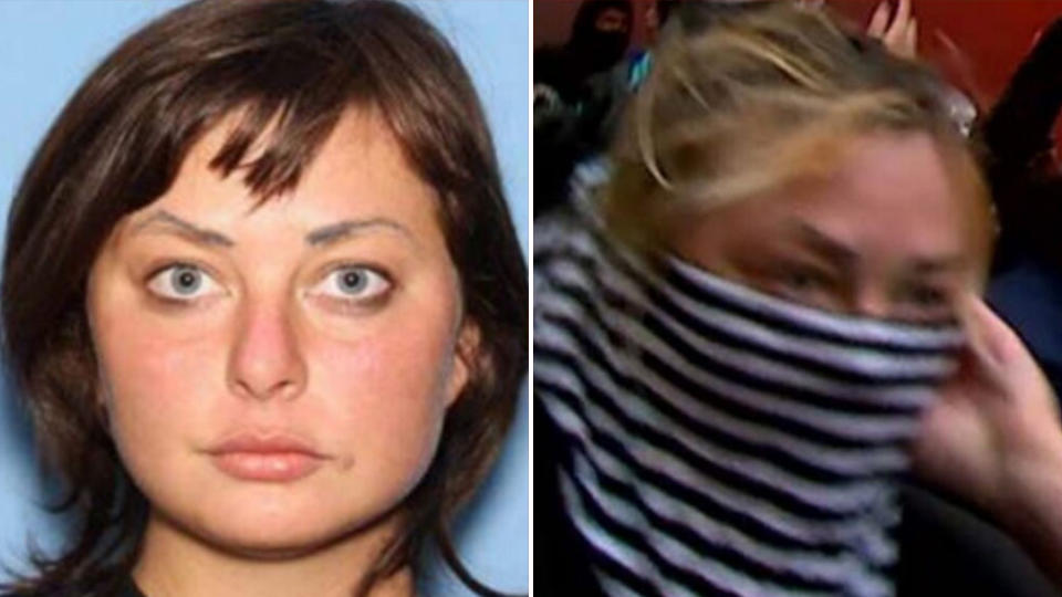 A mug shot of Margaret Aislinn Channon (Left) and an image of her allegedly lighting police cars on fire (Right)