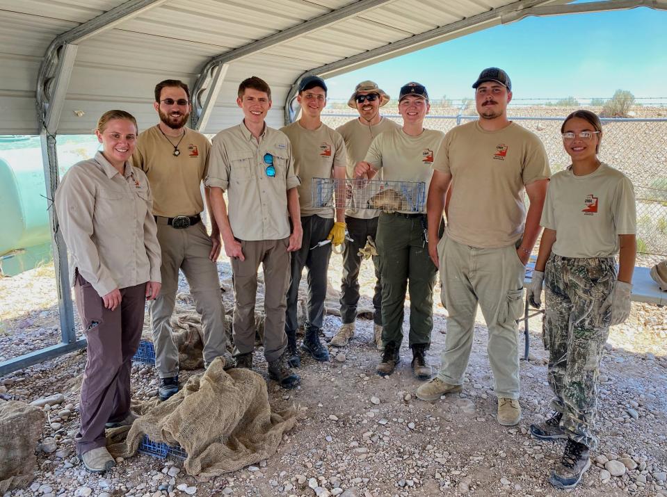 Utah Division of Wildlife Resources biologists and technicians pose with a captured prairie dog that will be relocated to new habitat, including, from left, Barbara Sugarman, Jake Durbin, Patrick Anderson, Paul Rindler, Bannon Gallaher, Baylee Moyer, Josh Morris and Eve Mostrom. | Lee Benson, Deseret News