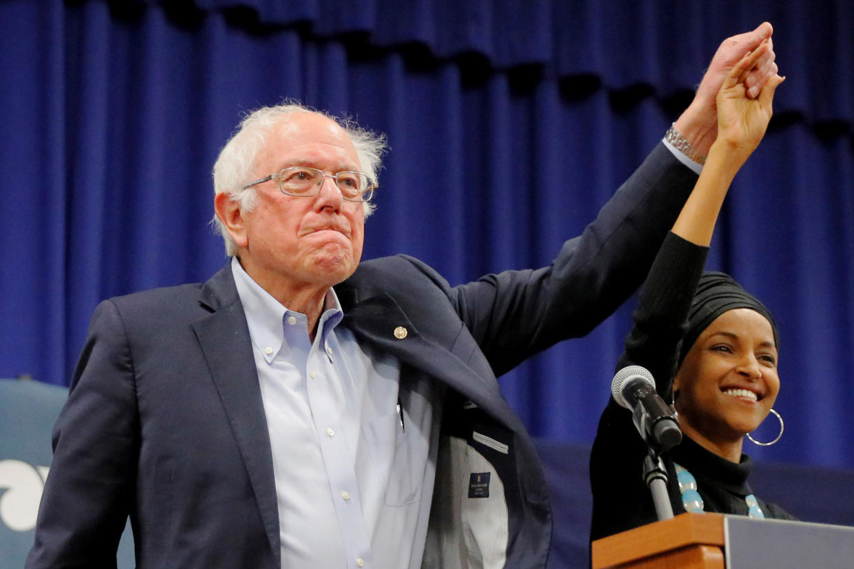 Senator Bernie Sanders, I-Vt., and Rep. Ilhan Omar, D-Minn., at a campaign event in Manchester, N.H. (Photo: Brian Snyder/Reuters)