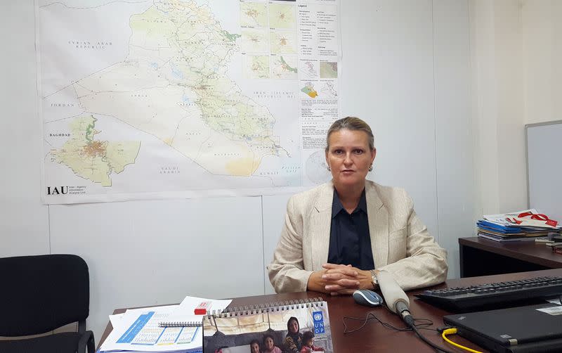 FILE PHOTO: Lise Grande, the United Nations' Humanitarian Coordinator for Iraq, speaks during an interview with Reuters in Erbil