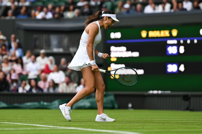 Emma Raducanu playing at Wimbledon on day one of the 2024 tournament