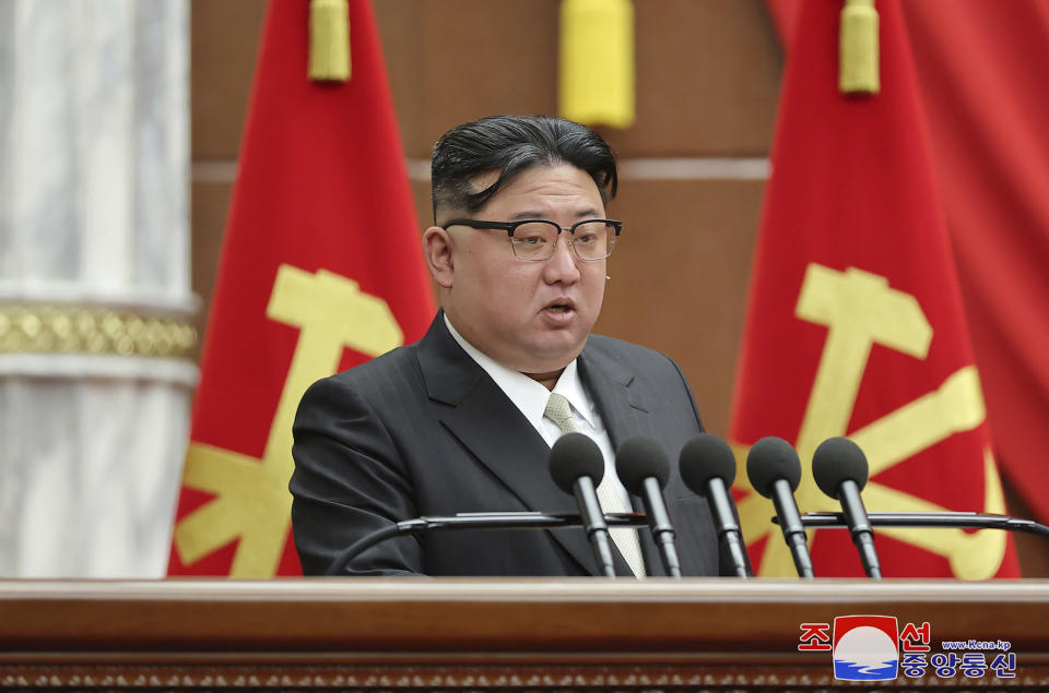 In this photo provided by the North Korean government, North Korean leader Kim Jong Un delivers a speech during a year-end plenary meeting of the ruling Workers’ Party, which was held between Dec. 26, and Dec. 30, 2023, in Pyongyang, North Korea. Independent journalists were not given access to cover the event depicted in this image distributed by the North Korean government. The content of this image is as provided and cannot be independently verified. Korean language watermark on image as provided by source reads: "KCNA" which is the abbreviation for Korean Central News Agency. (Korean Central News Agency/Korea News Service via AP)