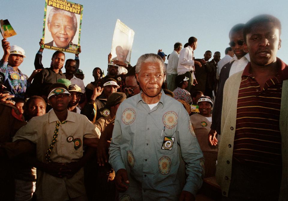 ANC leader Nelson Mandela on the campaign trail during South Africa's first democratic elections on April 16, 1994 in Ladysmith, Kwazulu Natal, South Africa.