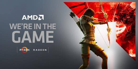 Woman shooting an arrow at a dragon in an AMD ad.