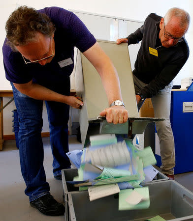 Members of the election office empty a ballot box in Zurich, Switzerland September 24, 2017. REUTERS/Arnd Wiegmann