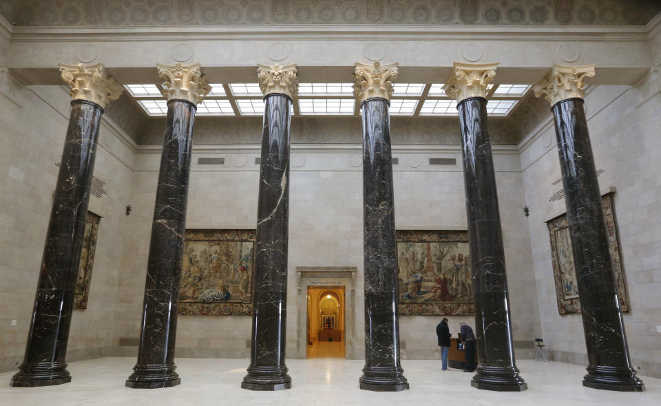 This Feb. 12, 2014 photo shows the entrance to the galleries of the Nelson-Atkins Museum of Art in Kansas City, Mo. The museum is home to high-caliber collections that include great works ranging from the photography of Edward Steichen to ancient Chinese scrollwork. (AP Photo/Orlin Wagner)