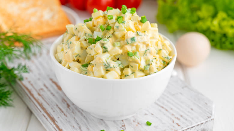 Egg salad in white bowl