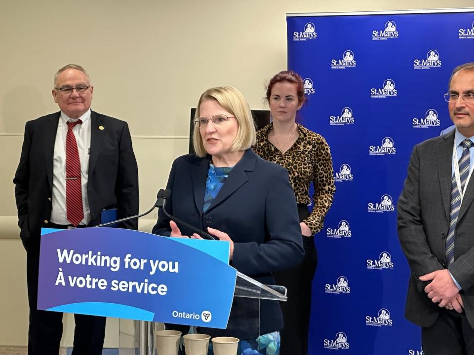 Ontario health minister Sylvia Jones announced the one-time grant at St. Mary’s General Hospital in Kitchener on Tuesday, although she was unable to disclosure the dollar amount. She spoke, alongside Dr. Jaffer Sayed (far right), the hospitals cardiology chief.