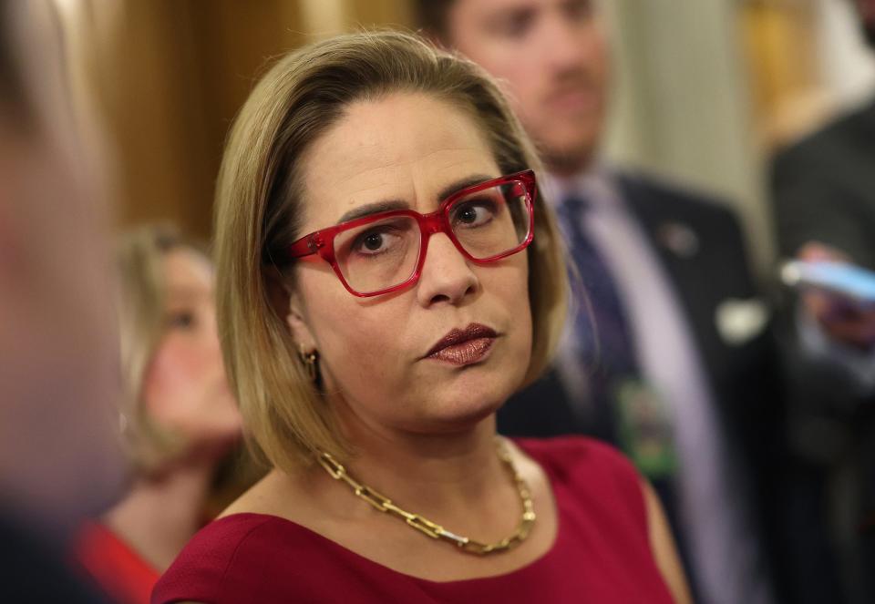 U.S. Sen. Kyrsten Sinema (I-AZ) speaks to reporters at the U.S. Capitol on February 05, 2024 in Washington, DC.