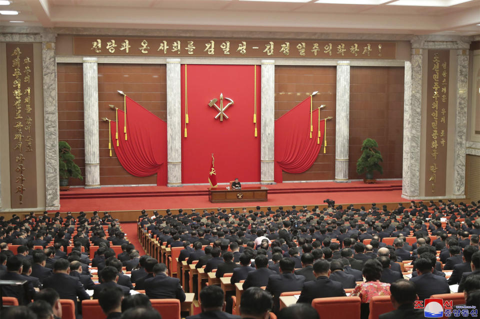 In this photo provided by the North Korean government, North Korean leader Kim Jong Un, center, attends the ruling party congress in Pyongyang, North Korean, Sunday, Jan. 10, 2021. Kim was given a new title, “general secretary” of the ruling Workers’ Party, formerly held by his late father and grandfather, state media reported Monday, Jan. 11, in what appears to a symbolic move aimed at bolstering his authority amid growing economic challenges. Independent journalists were not given access to cover the event depicted in this image distributed by the North Korean government. The content of this image is as provided and cannot be independently verified. Korean language watermark on image as provided by source reads: "KCNA" which is the abbreviation for Korean Central News Agency. (Korean Central News Agency/Korea News Service via AP)