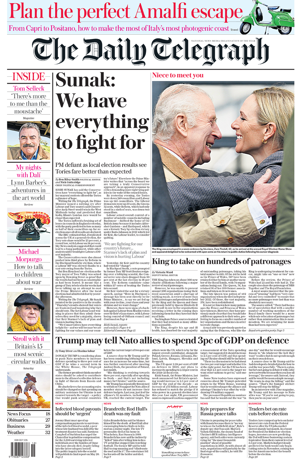 The main headline on the front page of the Daily Telegraph reads: "Sunak: We have everything to fight for"