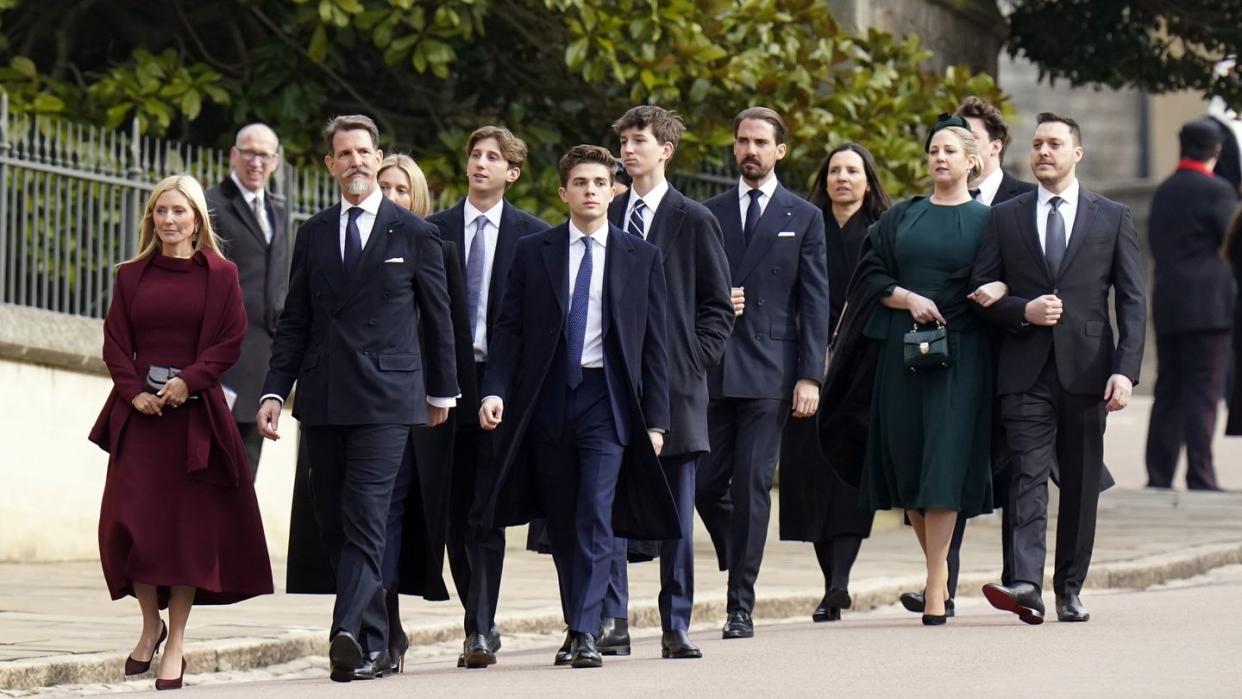 windsor, england february 27 prince pavlos, crown prince of greece, prince of denmark re, and marie chantal, crown princess of greece, princess of denmark both front, princess maria olympia of greece and denmark third left, princess nina of greece and denmark and prince philippos of greece and denmark fifth right princess theodora of greece and denmark second right and matthew jeremiah kumar right attend the thanksgiving service for king constantine of the hellenes at st georges chapel on february 27, 2024 in windsor, england constantine ii, head of the royal house of greece, reigned as the last king of the hellenes from 6 march 1964 to 1 june 1973, and died in athens at the age of 82 photo by andrew matthews wpa poolgetty images