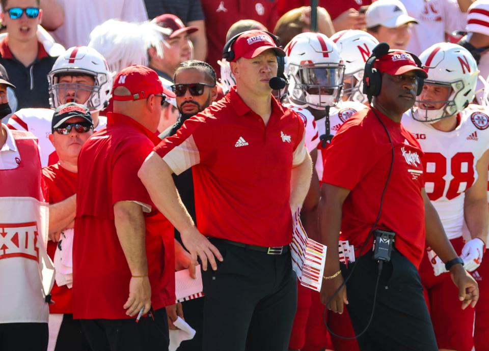 Nebraksa coach Scott Frost watches his team during their game against Oklahoma at Gaylord Family-Oklahoma Memorial Stadium.