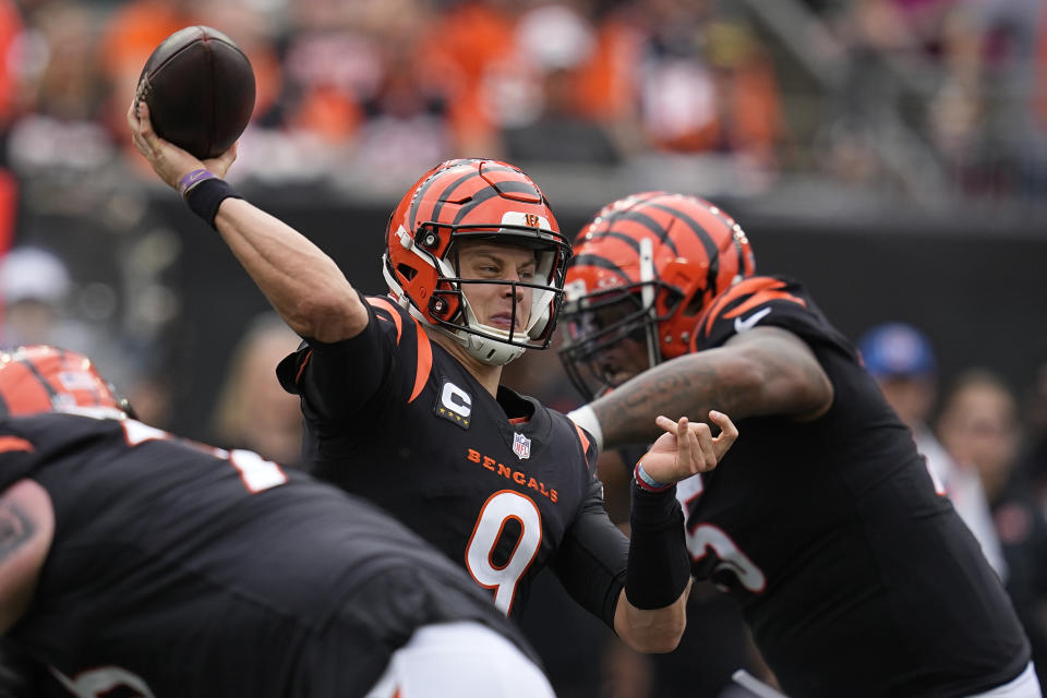 Cincinnati Bengals quarterback Joe Burrow throws during the second half of an NFL football game against the Baltimore Ravens Sunday, Sept. 17, 2023, in Cincinnati. (AP Photo/Darron Cummings)