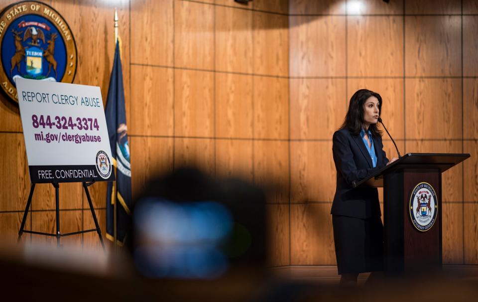 "This is just the tip of the iceberg," Michigan Attorney General Dana Nessel says Friday. May 254, 2019, during a presser in Lansing, after announcing five former Michigan priests have been charged with a total of 21 counts of criminal sexual conduct.