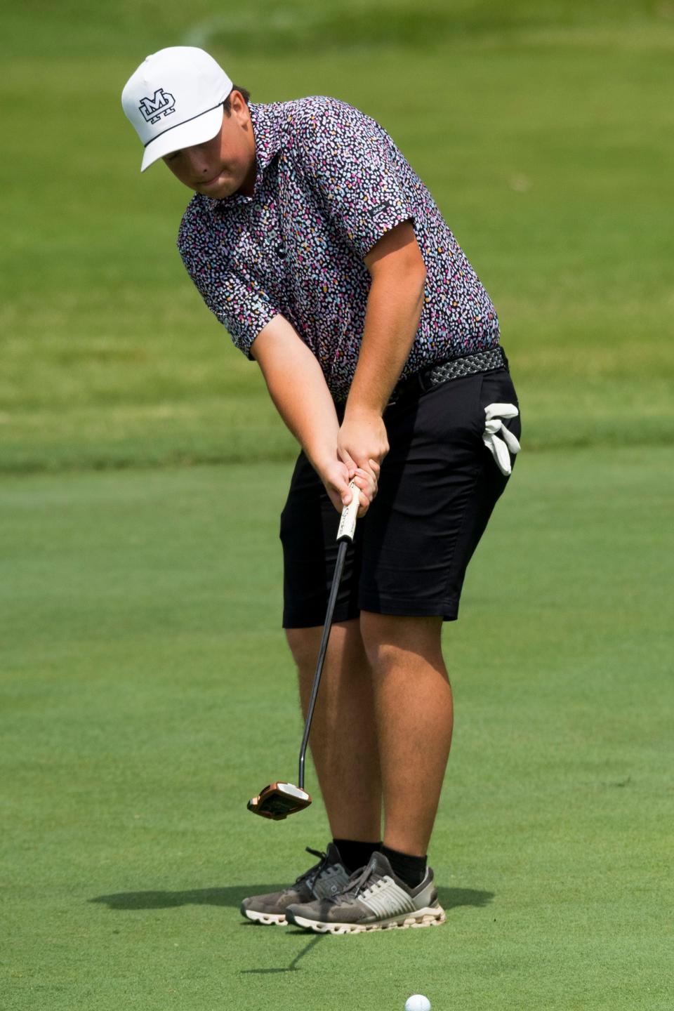 Mater Dei’s Josh Fenwick putts on seventh green during the IHSAA boys golf sectional at Helfrich Hills Golf Course in Evansville, Ind., Thursday, June 2, 2022. 