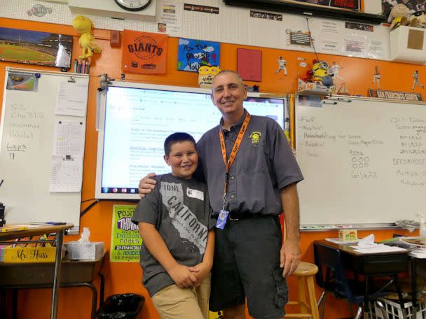 PHOTO: Huss with a former student, Jake, who moved away from Ione with his family. Huss told GMA that, when Jake returned to visit, he told his parents the only place he wanted to visit was his former school, to see Huss. (Mike Huss)