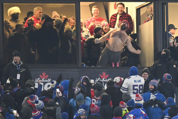 ORCHARD PARK, NY - JANUARY 21: Jason Kelce #62 of the Philadelphia Eagles celebrates after the Kansas City Chiefs score a touchdown during the first half of the AFC Divisional Playoff game against the Buffalo Bills at Highmark Stadium on January 21, 2024 in Orchard Park, New York. (Photo by Kathryn Riley/Getty Images)