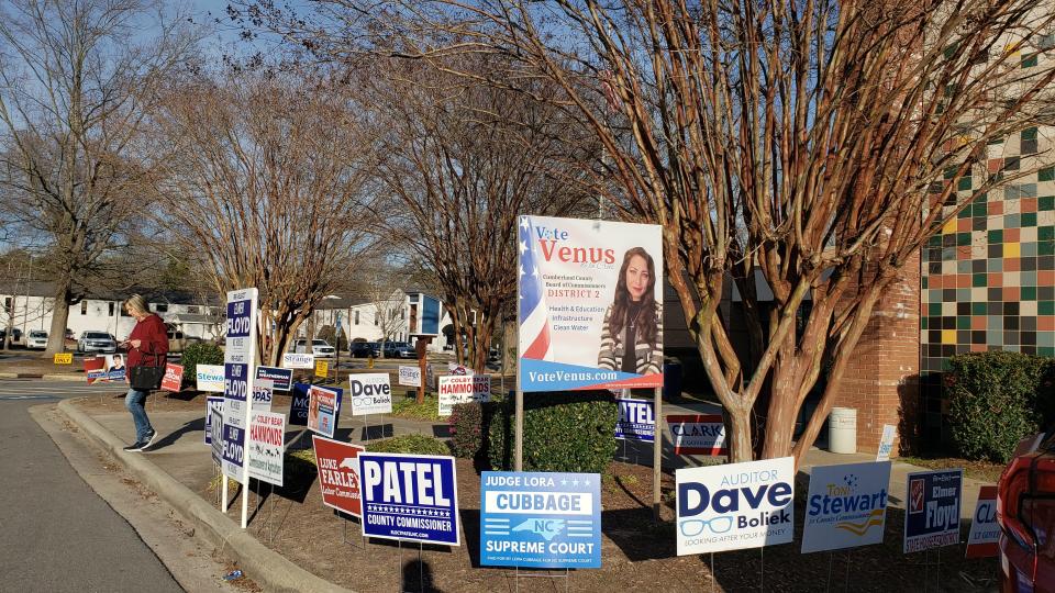 Campaign signs line the entrance to the Kiwanis Recreation Center, an early voting site, on Feb. 20, 2024, for this year’s election primaries. Voting Day is Tuesday, March 5, 2024.