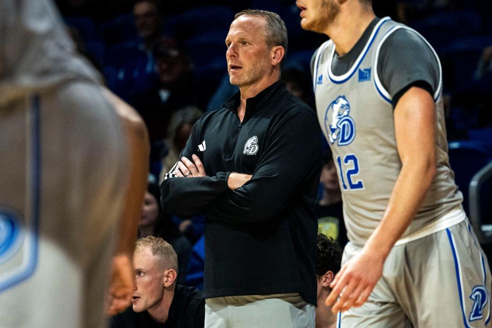 Drake head coach Darian DeVries looks on during a men's basketball game at the Knapp Center on Saturday, November 25, 2023 in Des Moines.