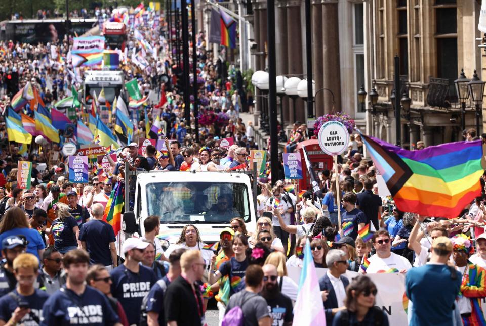 Members of the LGBT+ community take part in the annual Pride Parade in the streets of London (AFP via Getty Images)