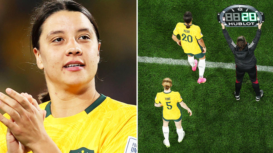 Sam Kerr, pictured here during the Matildas' win over Denmark at the Women's World Cup.