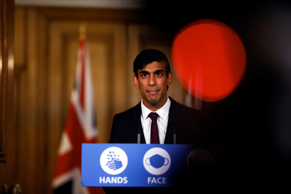 Britain's Chancellor of the Exchequer Rishi Sunak attends a virtual news conference, amid the spread of the coronavirus disease (COVID-19), in London, Britain September 24, 2020. REUTERS/John Sibley/Pool