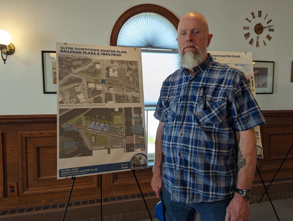 Councilman Chris Shay walked residents through the new Clyde master plan April 17.