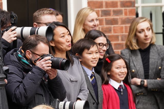 Chancellor of the Exchequer Jeremy Hunt’s wife Lucia Hunt and their children watch as he leaves 11 Downing Street before the Budget in 2023 