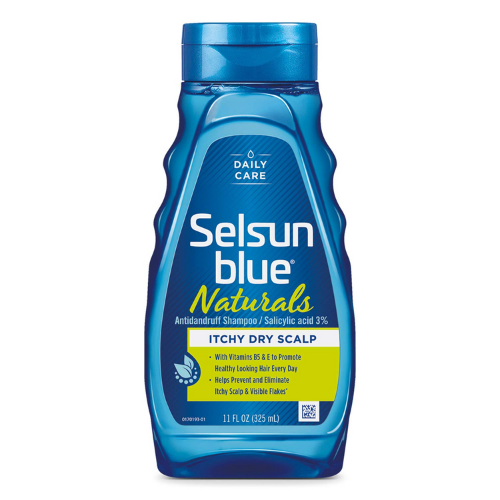 bottle of Selsun Blue Salicylic acid shampoo against white background