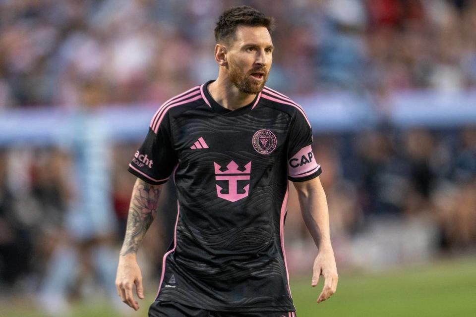 Inter Miami forward Lionel Messi (10) yells out to a teammate during the first half of an MLS game against Sporting Kansas City at GEHA Field at Arrowhead Stadium on Saturday, April 13, 2024, in Kansas City.
