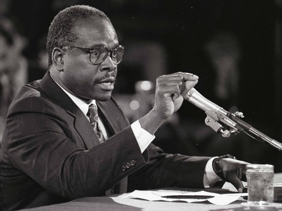 Then-Supreme Court nominee Clarence Thomas testifies during his hearing before Senate Judiciary Committee.