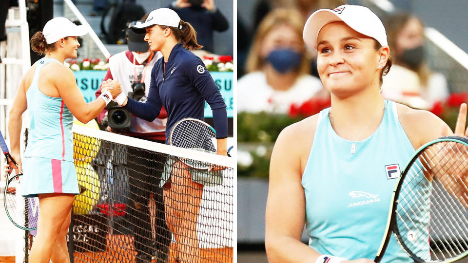 Ash Barty (pictured right) thanking the crowd and (pictured left) shaking hands with Iga Swiatek at the net at the Madrid Open.