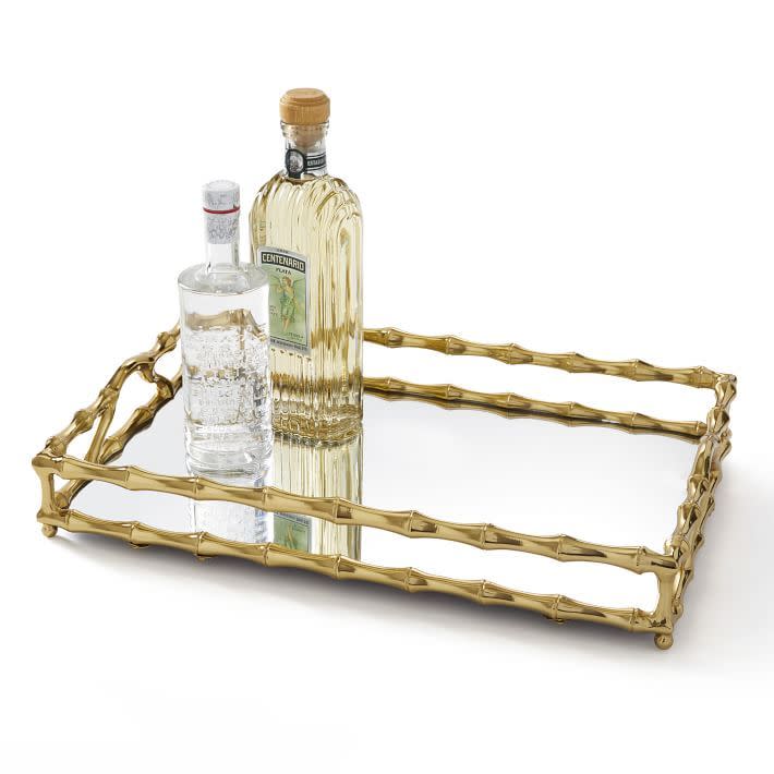 8) Gold Bamboo Mirror Bar Tray, Rectangle