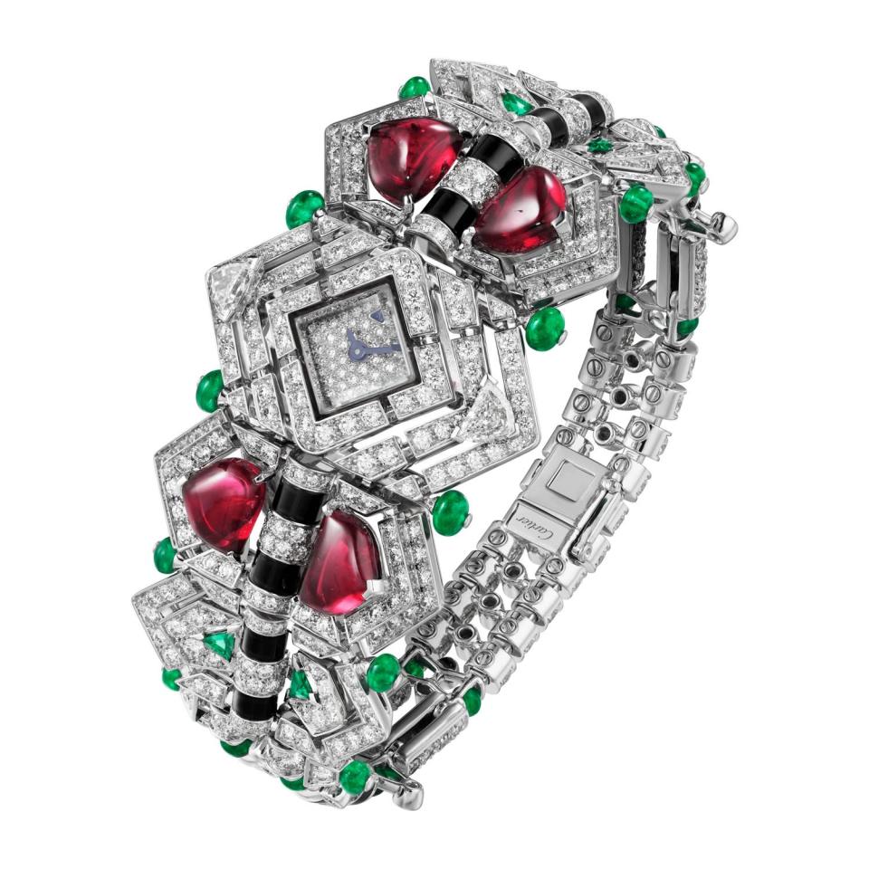 18K white gold with rubies, emeralds, onyx and diamonds. Price upon request. Available by appointment at select Cartier boutiques. 212-446-3419
