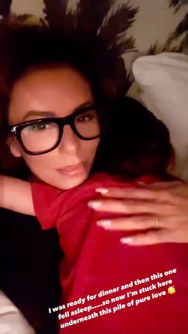 <p>Eva Longoria/Instagram</p> Eva Longoria cuddling with her son Santiago