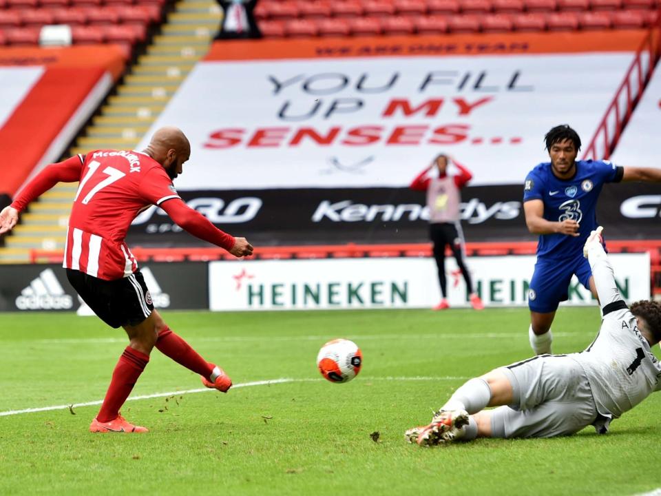 David McGoldrick fires Sheffield United in front in the first half: EPA