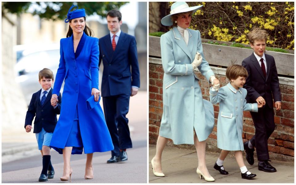 The Princess and Prince Louis coordinated in blue at Easter in Windsor, reminiscent of a similar image of Diana and William taken at the same event in 1987.