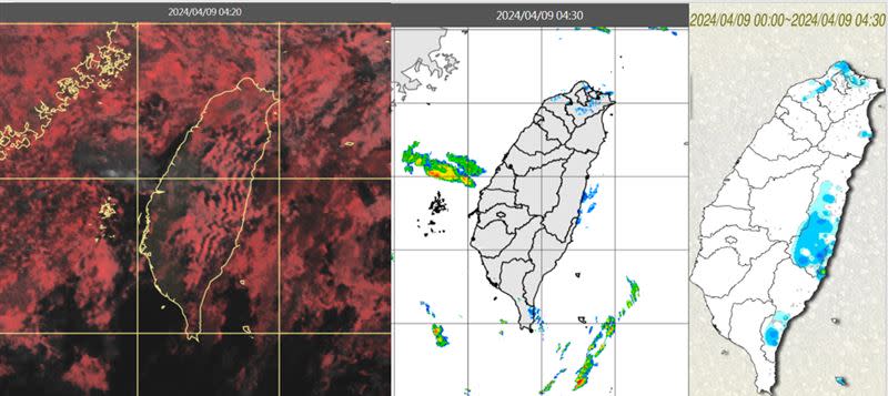圖：今(9日)晨4：20真實色雲圖顯示，台灣上空有鬆散的雲層通過(左圖)；4：30雷達回波合成圖顯示，雲層伴隨零星降水回波(中圖)；4：30累積雨量圖顯示，北部、東半部有局部降雨(右圖)。