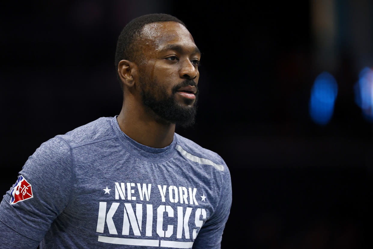 CHARLOTTE, NORTH CAROLINA - NOVEMBER 12: Kemba Walker #8 of the New York Knicks looks on prior to the first half of their game against the Charlotte Hornets at Spectrum Center on November 12, 2021 in Charlotte, North Carolina. NOTE TO USER: User expressly acknowledges and agrees that, by downloading and or using this photograph, User is consenting to the terms and conditions of the Getty Images License Agreement. (Photo by Jared C. Tilton/Getty Images)