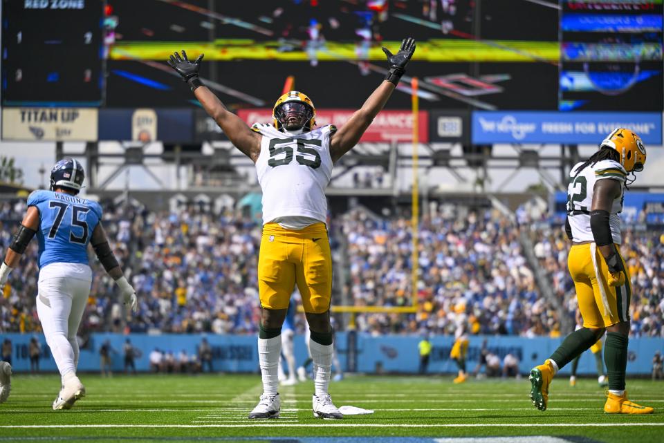 Green Bay Packers' Kingsley Enagbare celebrates a sack during the second half of an NFL football game against the Tennessee Titans Sunday, Sept. 22, 2024, in Nashville, Tenn. (AP Photo/John Amis)