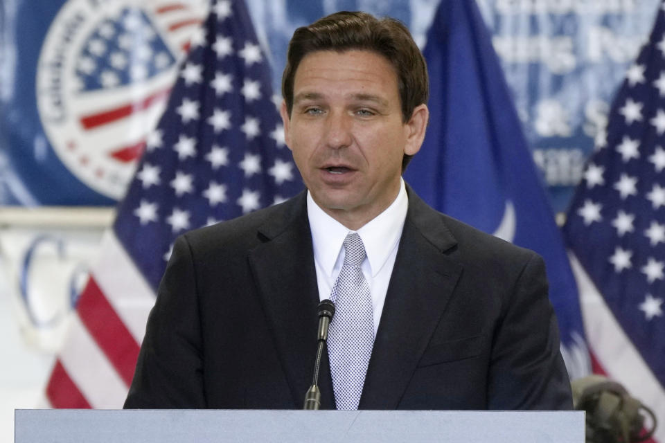 Florida Gov. Ron DeSantis rolls out his military policy proposal during an event for his 2024 presidential campaign on Tuesday, July 18, 2023, in West Columbia, S.C. (AP Photo/Meg Kinnard)