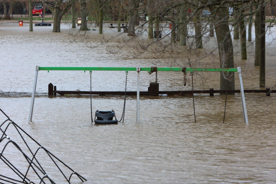 The flooded playground at Severn Park Bridgnorth, Shropshire (SWNS)