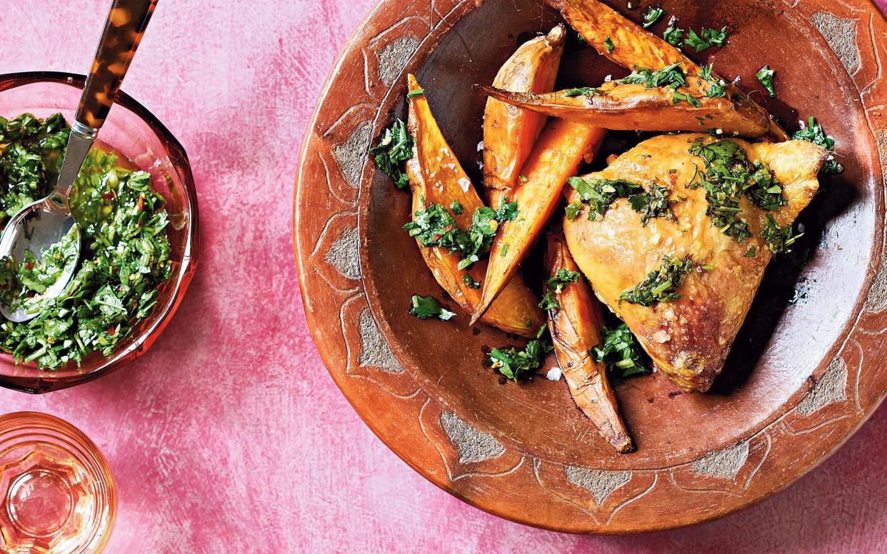 One-tray chicken with sweet potato wedges and chimichurri recipe