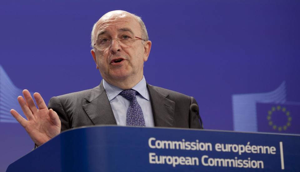 Vice-President of the European Commission Joaquin Almunia speaks during a media conference at EU headquarters in Brussels on Wednesday, Feb. 27, 2013. The European Union's antitrust authority on Wednesday blocked budget airline Ryanair's renewed bid to take over Irish carrier Aer Lingus on grounds that it would undermine competition. (AP Photo/Virginia Mayo)