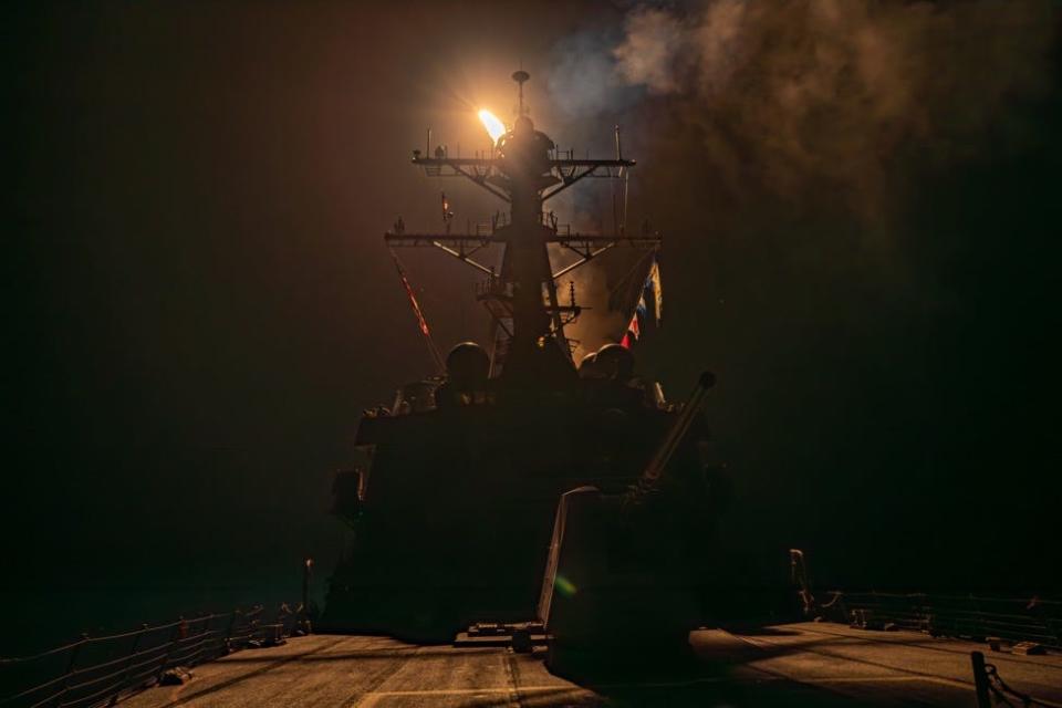 A munition is fired from a US Navy warship during the Houthi strikes.