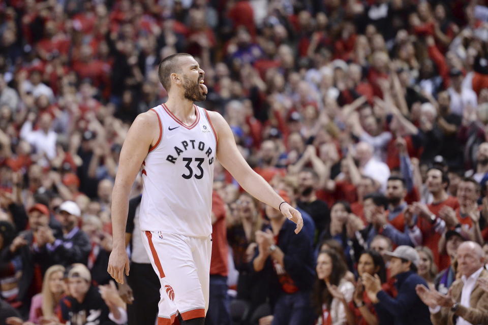 Toronto Raptors centre Marc Gasol (33) reacts during a stoppage in the second overtime period of Game 3 of the NBA basketball playoffs Eastern Conference finals in Toronto on Sunday, May 19, 2019. (Nathan Denette/The Canadian Press via AP)