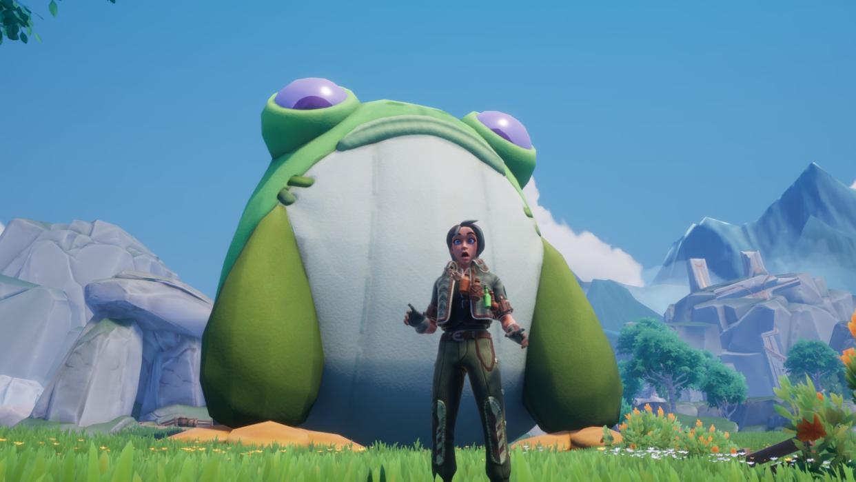  Palia - a giant frog plush looms over a player looking up at it. 