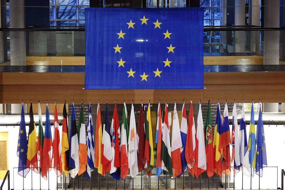 National flags of European Union member countries are seen at the European Parliament in Strasbourg, France on Feb. 14 , 2022.